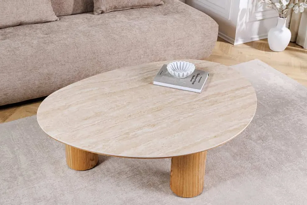 Riess-Ambiente Couchtische & Truhen > Stilvoller Couchtisch ORGANIKO 110cm natur Eiche Travertin Keramik