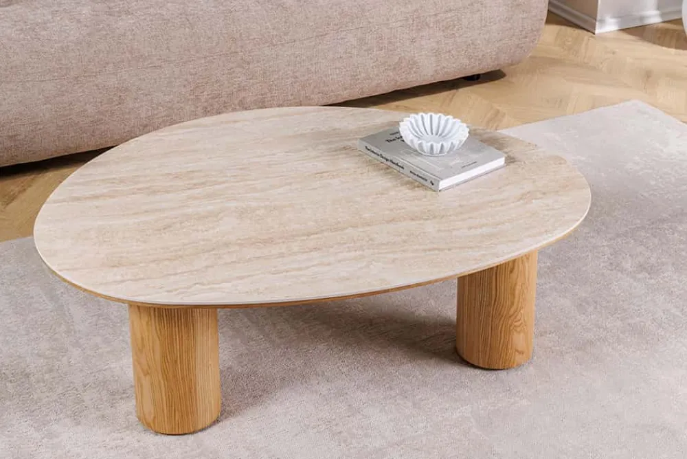 Riess-Ambiente Couchtische & Truhen > Stilvoller Couchtisch ORGANIKO 110cm natur Eiche Travertin Keramik