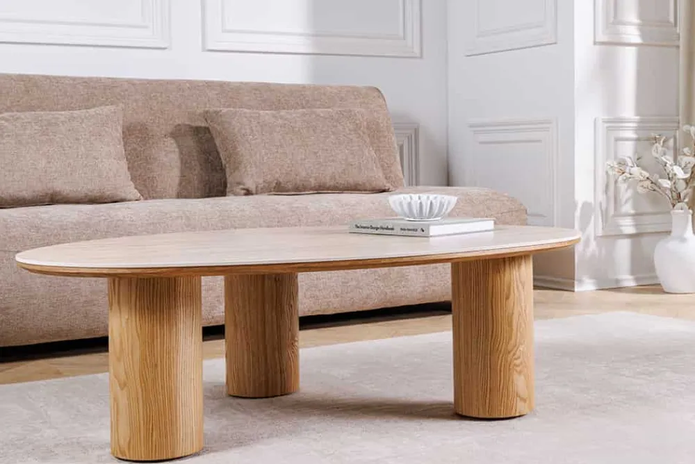 Riess-Ambiente Couchtische & Truhen > Stilvoller Couchtisch ORGANIKO 110cm natur Eiche Travertin Keramik