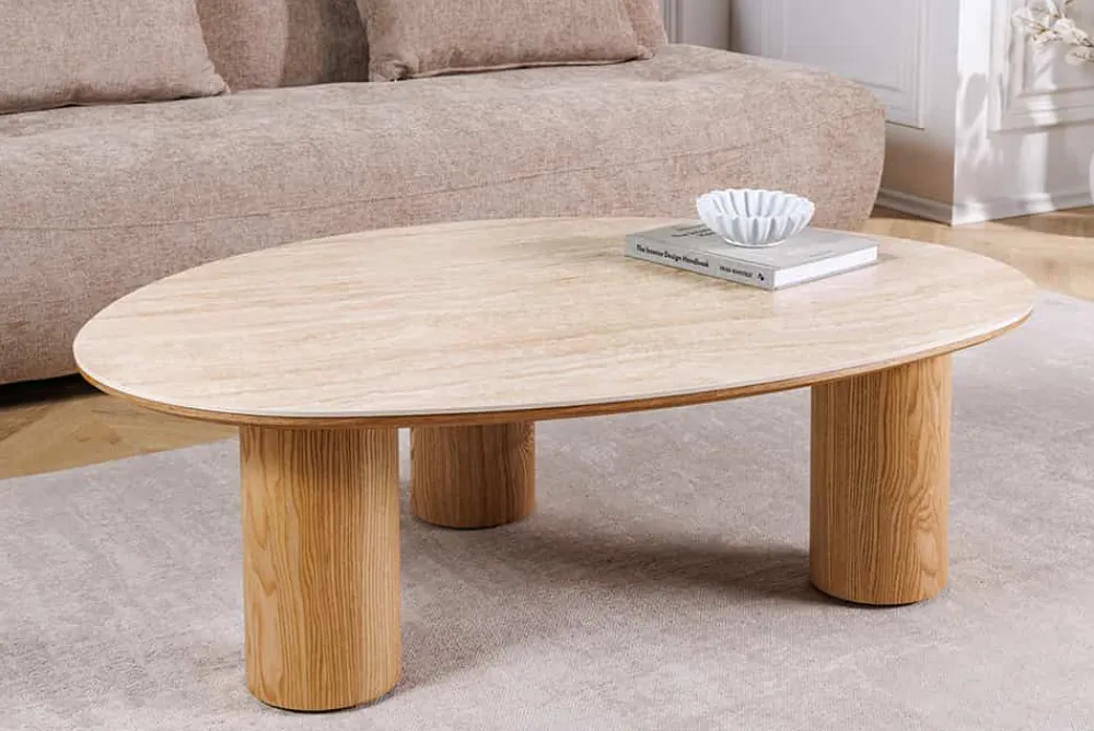 Riess-Ambiente Couchtische & Truhen > Stilvoller Couchtisch ORGANIKO 110cm natur Eiche Travertin Keramik
