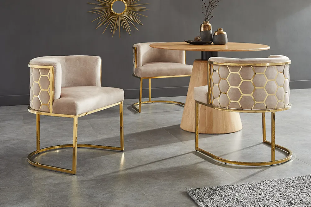 Riess-Ambiente Goldene Möbel|Stühle > Stilvoller Stuhl ELEGANCE beige Samt gold Edelstahl mit Armlehne