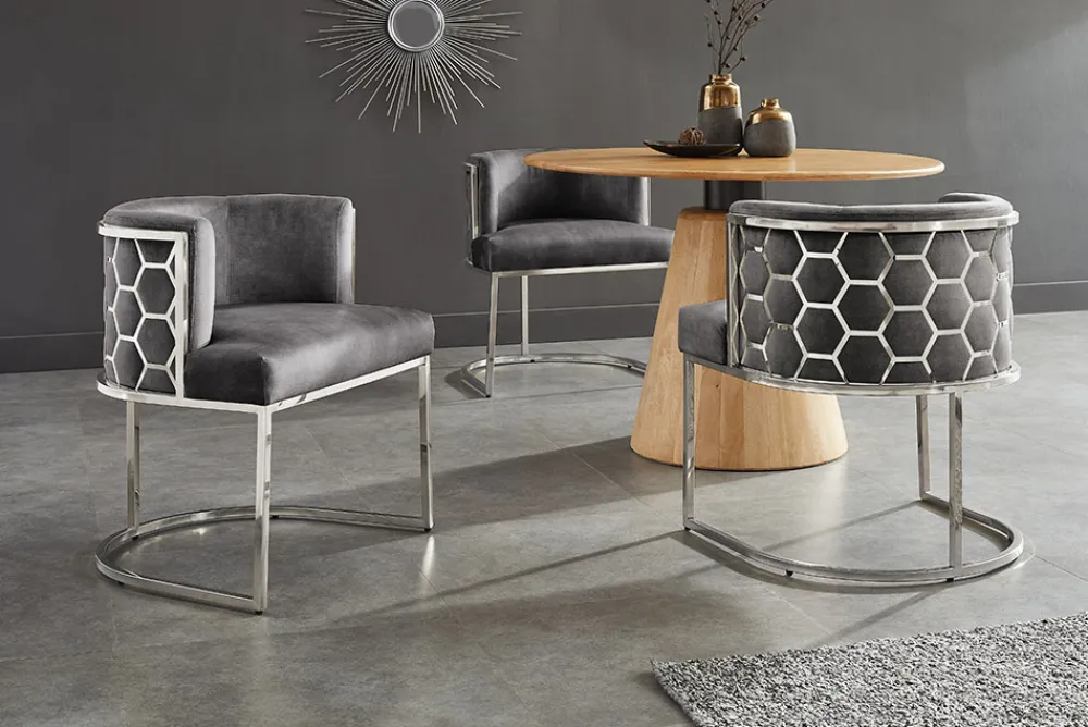 Riess-Ambiente Stühle|Samt Möbel > Stilvoller Stuhl ELEGANCE grau Samt silber Edelstahl mit Armlehne