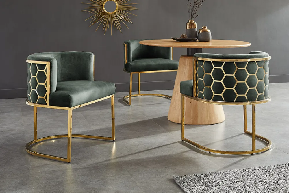 Riess-Ambiente Goldene Möbel|Stühle > Stilvoller Stuhl ELEGANCE grün Samt gold Edelstahl mit Armlehne