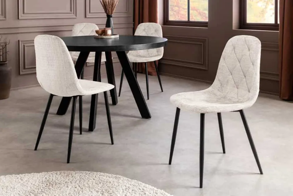 Riess-Ambiente Stühle > Stilvoller Stuhl GLAMM champagner beige Chenille Cremona mit Rauten-Steppung schwarz Metall