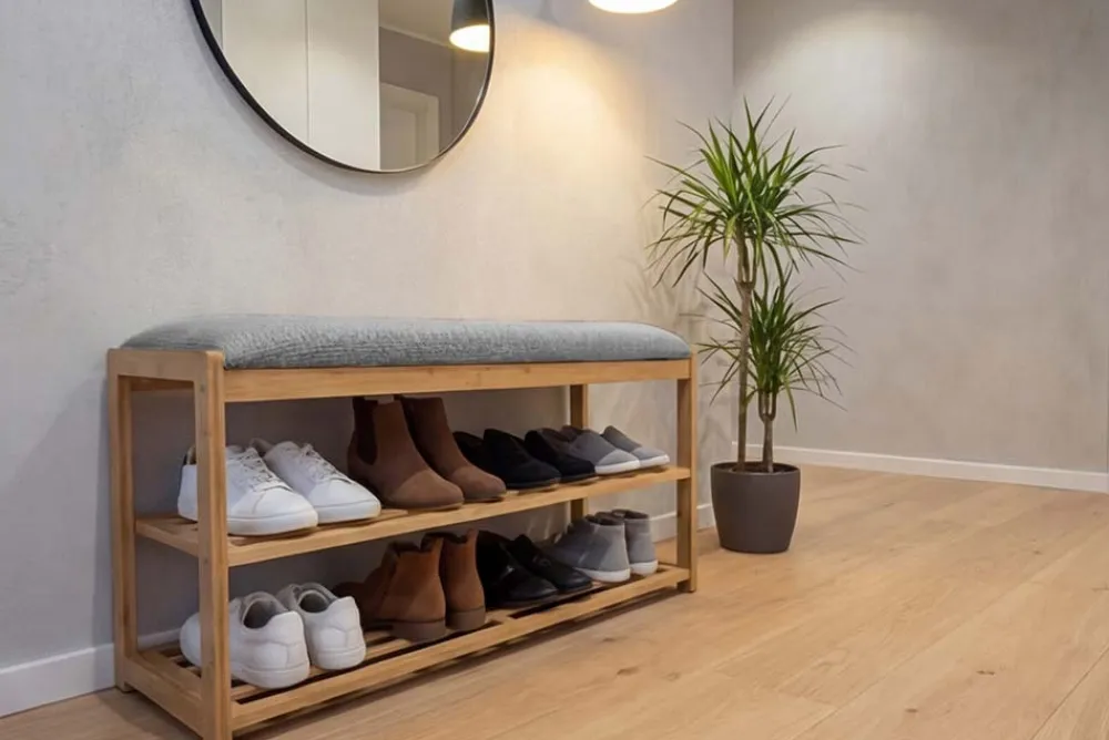 Riess-Ambiente Mehr...|Sitzbänke > Stilvolle Schuhbank ZEN-BO 80cm natur grau Bambus Regal Sitzbank mit Stauraum