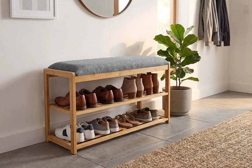 Riess-Ambiente Mehr...|Sitzbänke > Stilvolle Schuhbank ZEN-BO 80cm natur grau Bambus Regal Sitzbank mit Stauraum