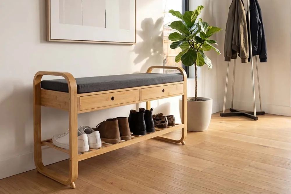 Riess-Ambiente Mehr...|Sitzbänke > Stilvolle Schuhbank ZEN-BO 100cm natur grau Bambus Regal Sitzbank mit Schubladen