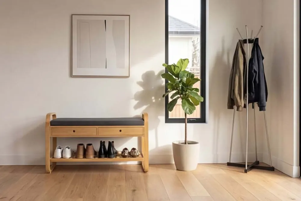 Riess-Ambiente Mehr...|Sitzbänke > Stilvolle Schuhbank ZEN-BO 100cm natur grau Bambus Regal Sitzbank mit Schubladen