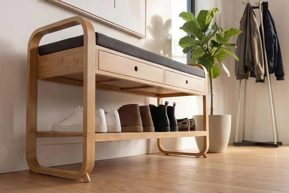 Riess-Ambiente Mehr...|Sitzbänke > Stilvolle Schuhbank ZEN-BO 100cm natur grau Bambus Regal Sitzbank mit Schubladen