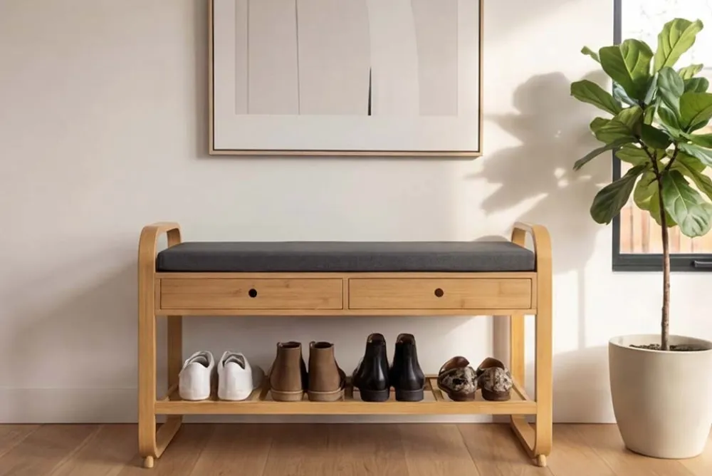 Riess-Ambiente Mehr...|Sitzbänke > Stilvolle Schuhbank ZEN-BO 100cm natur grau Bambus Regal Sitzbank mit Schubladen