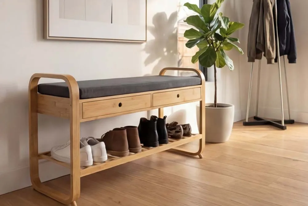 Riess-Ambiente Mehr...|Sitzbänke > Stilvolle Schuhbank ZEN-BO 100cm natur grau Bambus Regal Sitzbank mit Schubladen