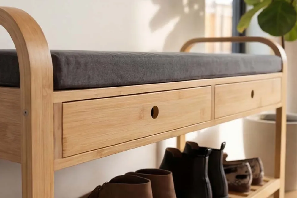 Riess-Ambiente Mehr...|Sitzbänke > Stilvolle Schuhbank ZEN-BO 100cm natur grau Bambus Regal Sitzbank mit Schubladen