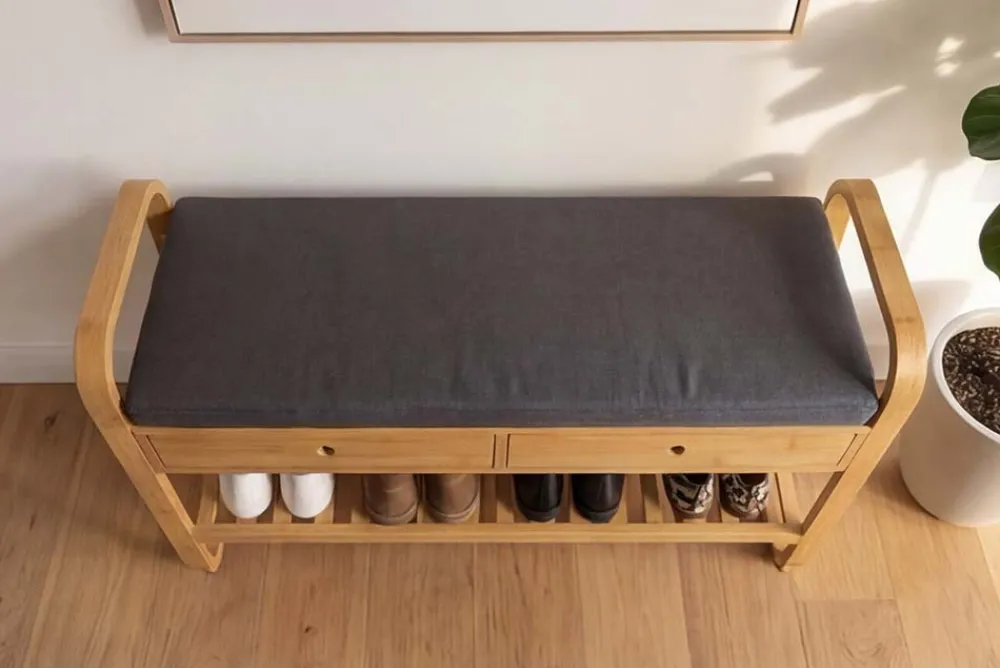 Riess-Ambiente Mehr...|Sitzbänke > Stilvolle Schuhbank ZEN-BO 100cm natur grau Bambus Regal Sitzbank mit Schubladen