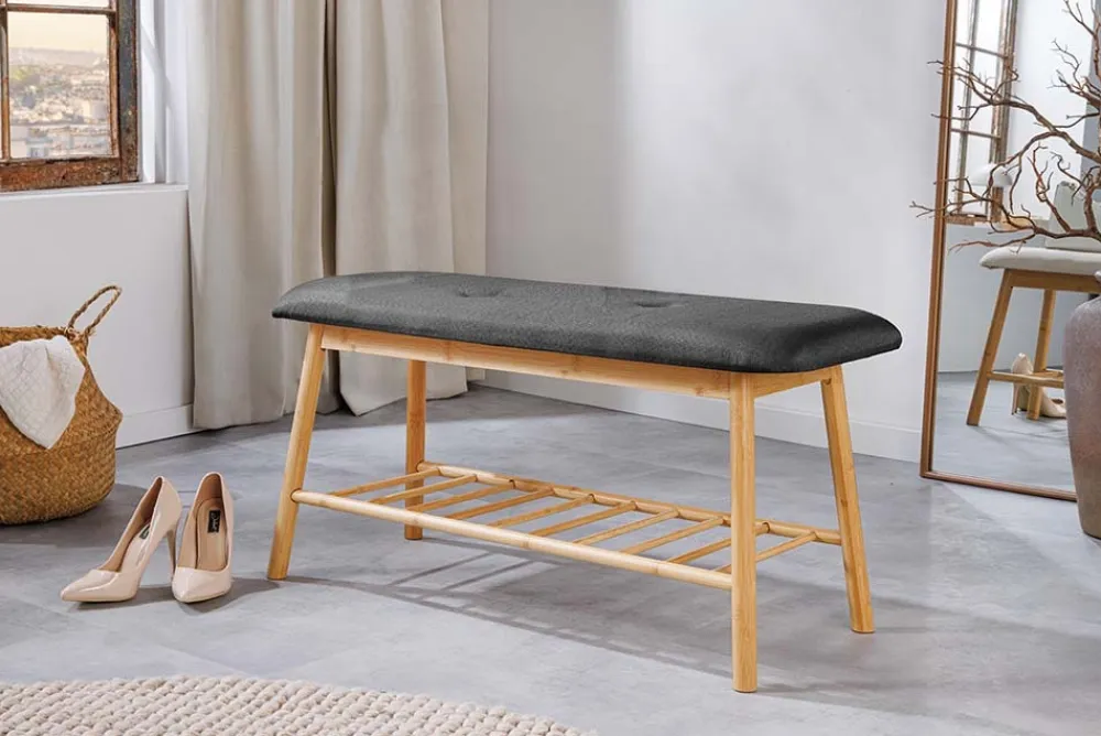 Riess-Ambiente Mehr...|Sitzbänke > Stilvolle Schuhbank ZEN-BO 90cm natur grau Bambus Regal Sitzbank mit Stauraum