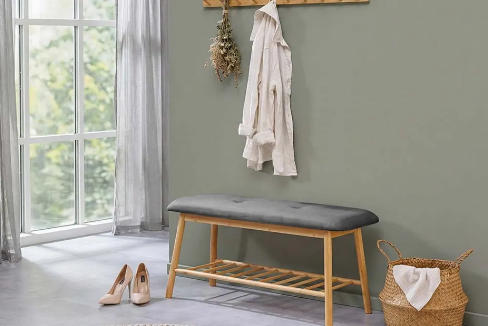 Riess-Ambiente Mehr...|Sitzbänke > Stilvolle Schuhbank ZEN-BO 90cm natur grau Bambus Regal Sitzbank mit Stauraum