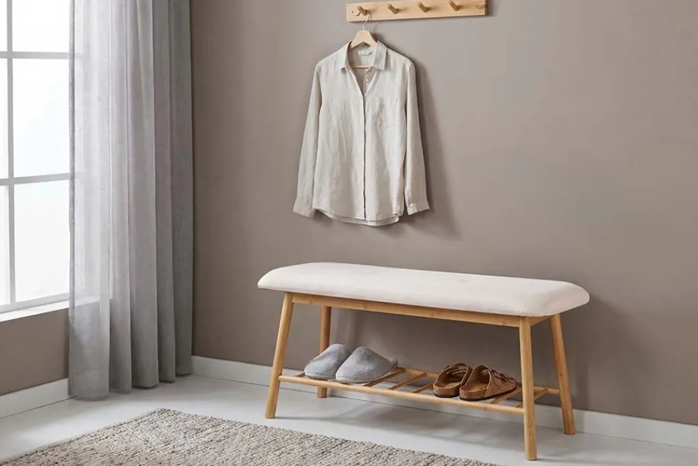 Riess-Ambiente Mehr...|Sitzbänke > Stilvolle Schuhbank ZEN-BO 90cm natur beige Bambus Regal Sitzbank mit Stauraum