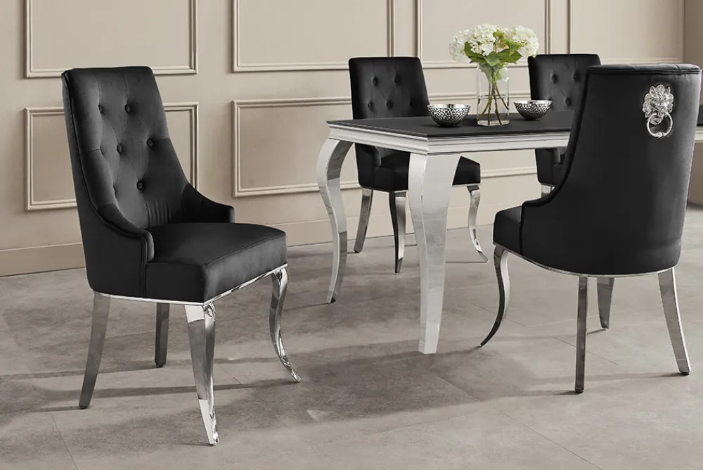 Riess-Ambiente Stühle > Stuhl MODERN BAROCK DELUXE schwarz Samt silber Edelstahlbeine mit Löwenkopf
