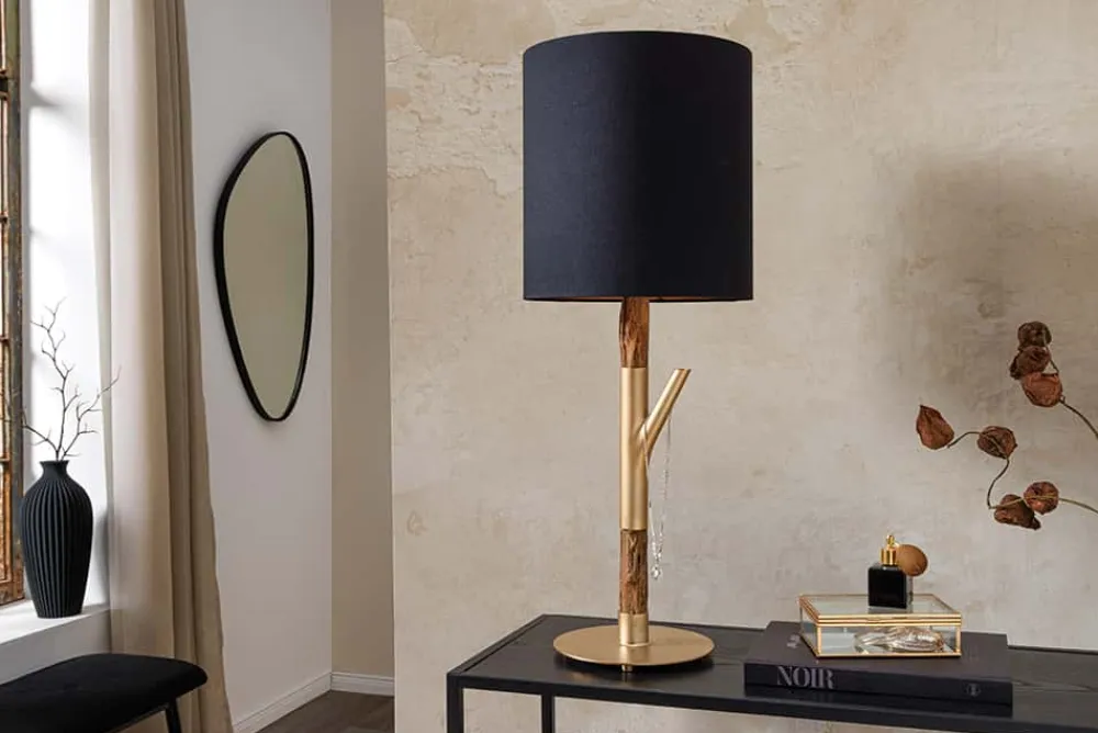 Riess-Ambiente Tischlampen > Tischlampe JEWELRY 75cm schwarz gold natur Eisenholz Massivholz