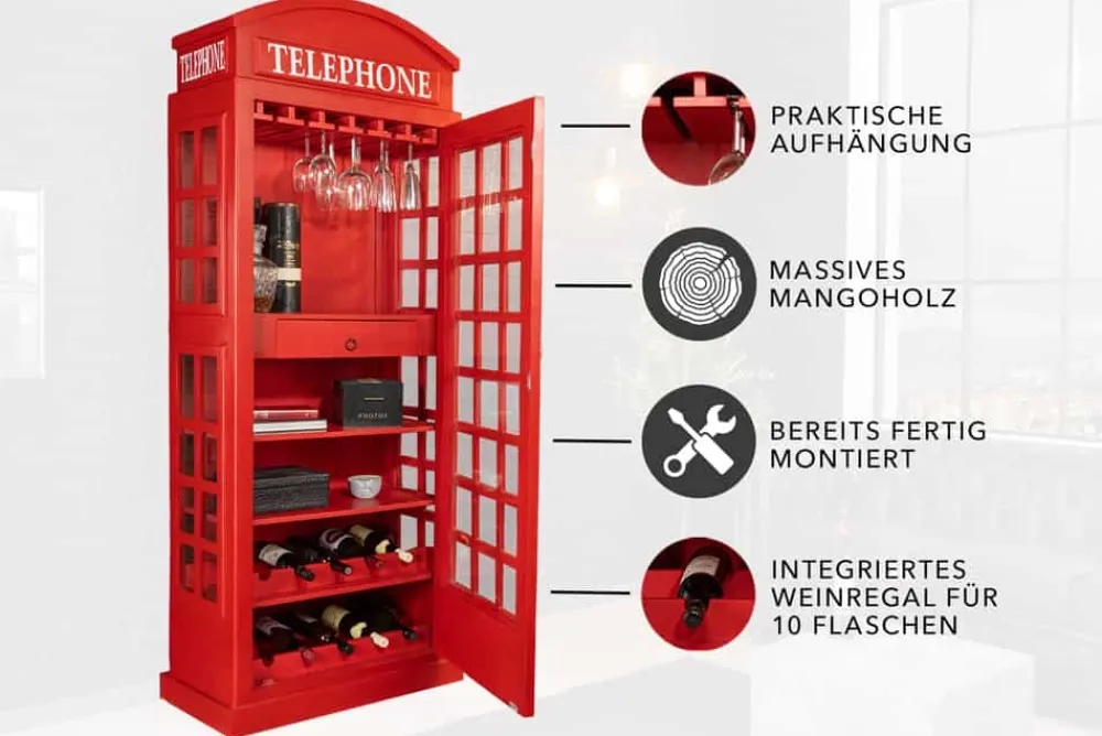 Riess-Ambiente Barschränke > Vintage Barschrank TELEPHONE 200cm rot Mangoholz massiv englische Telefonzelle Vitrine