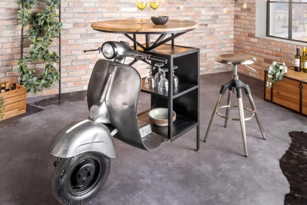 Riess-Ambiente Konsolentische|Industrial Loft > Vintage Bartisch UPCYCLING SCOOTER 120cm silber Mangoholz rund handmade