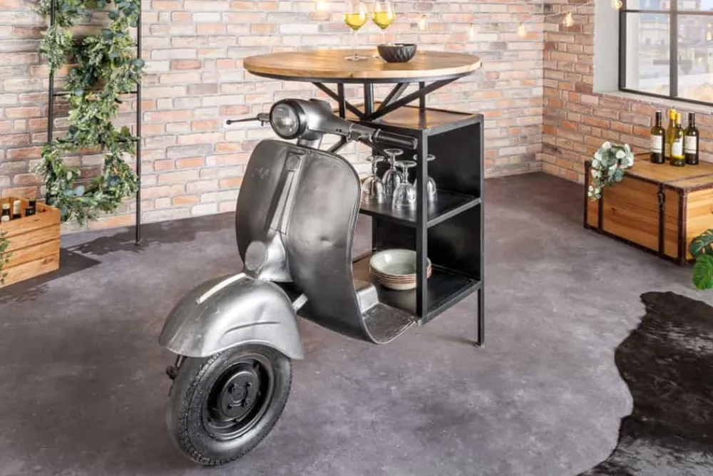 Riess-Ambiente Konsolentische|Industrial Loft > Vintage Bartisch UPCYCLING SCOOTER 120cm silber Mangoholz rund handmade