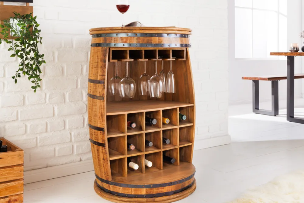 Riess-Ambiente Industrial Loft|Weinregale > Vintage Weinregal BODEGA 90cm natur Mangoholz Barschrank Fass für 15 Flaschen