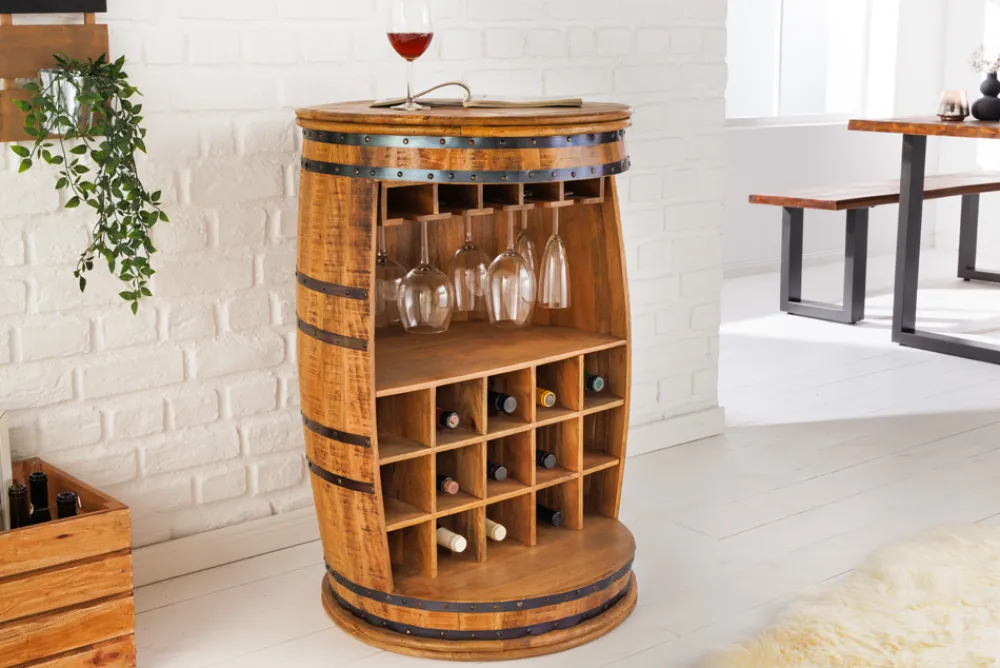 Riess-Ambiente Industrial Loft|Weinregale > Vintage Weinregal BODEGA 90cm natur Mangoholz Barschrank Fass für 15 Flaschen