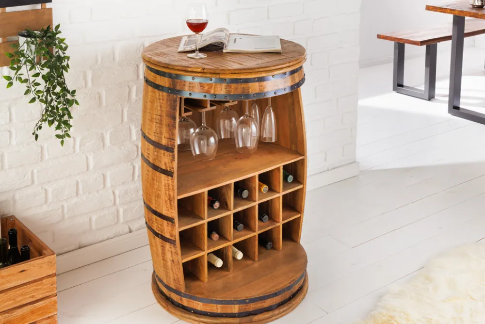 Riess-Ambiente Industrial Loft|Weinregale > Vintage Weinregal BODEGA 90cm natur Mangoholz Barschrank Fass für 15 Flaschen