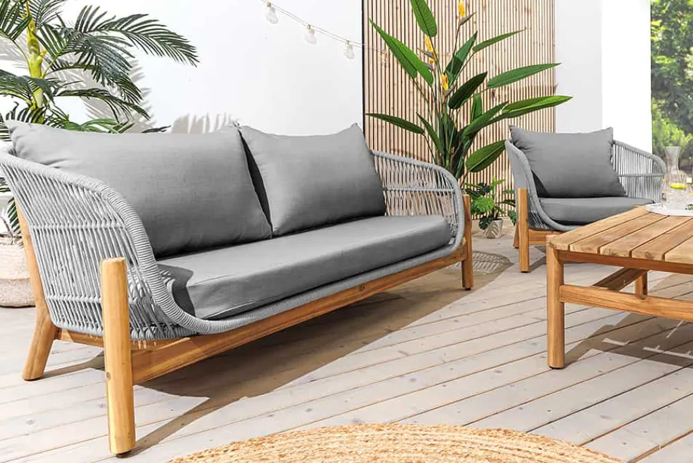 Riess-Ambiente Sitzgruppen > Wetterfestes Gartenlounge Set ROPE grau natur Akazienholz Aluminium inkl. Tisch Sitzpolster