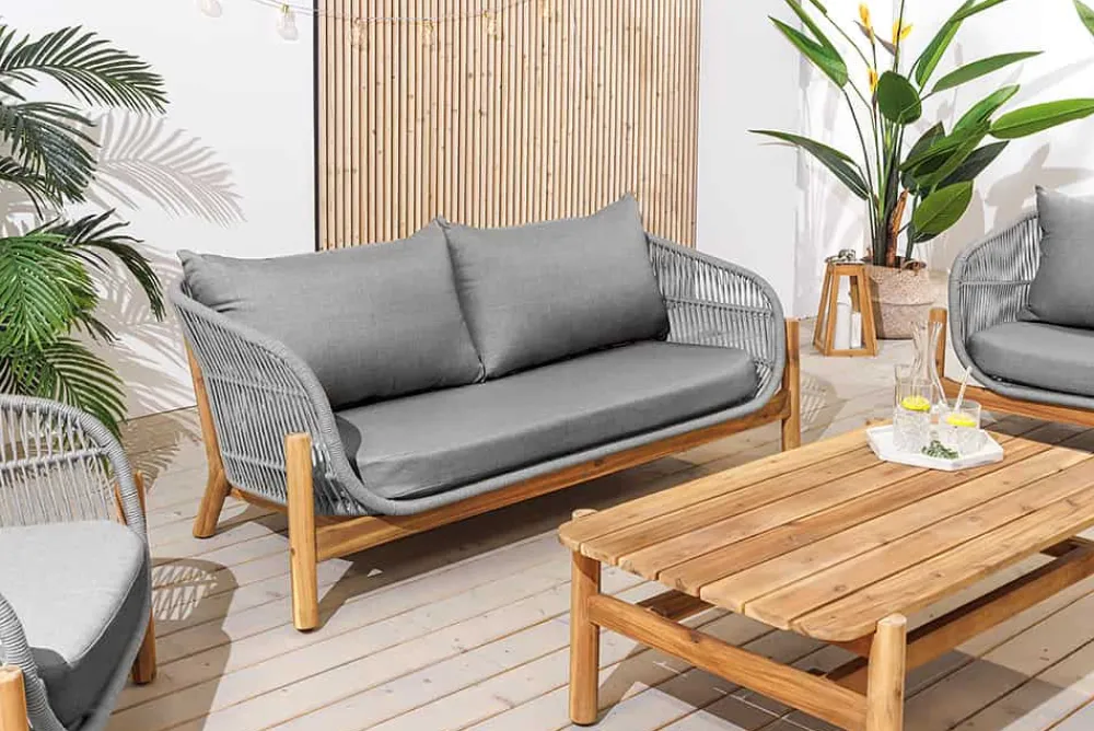 Riess-Ambiente Sitzgruppen > Wetterfestes Gartenlounge Set ROPE grau natur Akazienholz Aluminium inkl. Tisch Sitzpolster