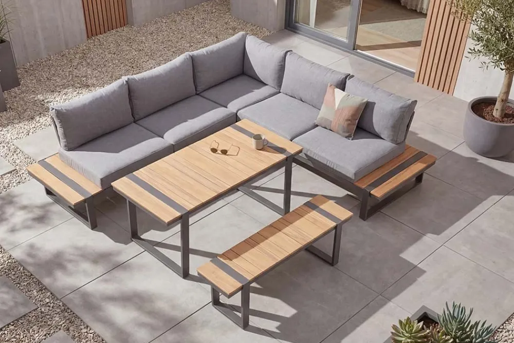 Riess-Ambiente Sitzgruppen > Wetterfestes Gartenmöbel Set TAMPA LOUNGE 250cm grau Aluminium inkl. Sitzbank Tisch Kissen