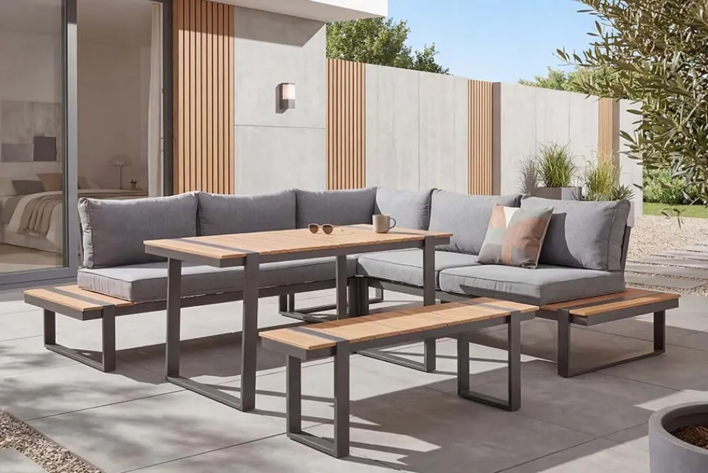 Riess-Ambiente Sitzgruppen > Wetterfestes Gartenmöbel Set TAMPA LOUNGE 250cm grau Aluminium inkl. Sitzbank Tisch Kissen