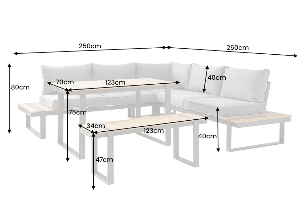 Riess-Ambiente Sitzgruppen > Wetterfestes Gartenmöbel Set TAMPA LOUNGE 250cm grau Aluminium inkl. Sitzbank Tisch Kissen