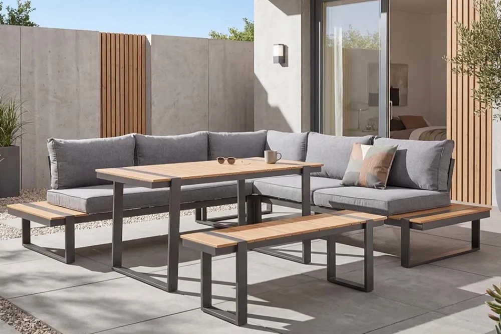 Riess-Ambiente Sitzgruppen > Wetterfestes Gartenmöbel Set TAMPA LOUNGE 250cm grau Aluminium inkl. Sitzbank Tisch Kissen