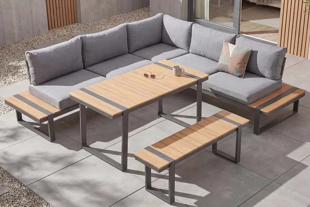 Riess-Ambiente Sitzgruppen > Wetterfestes Gartenmöbel Set TAMPA LOUNGE 250cm grau Aluminium inkl. Sitzbank Tisch Kissen