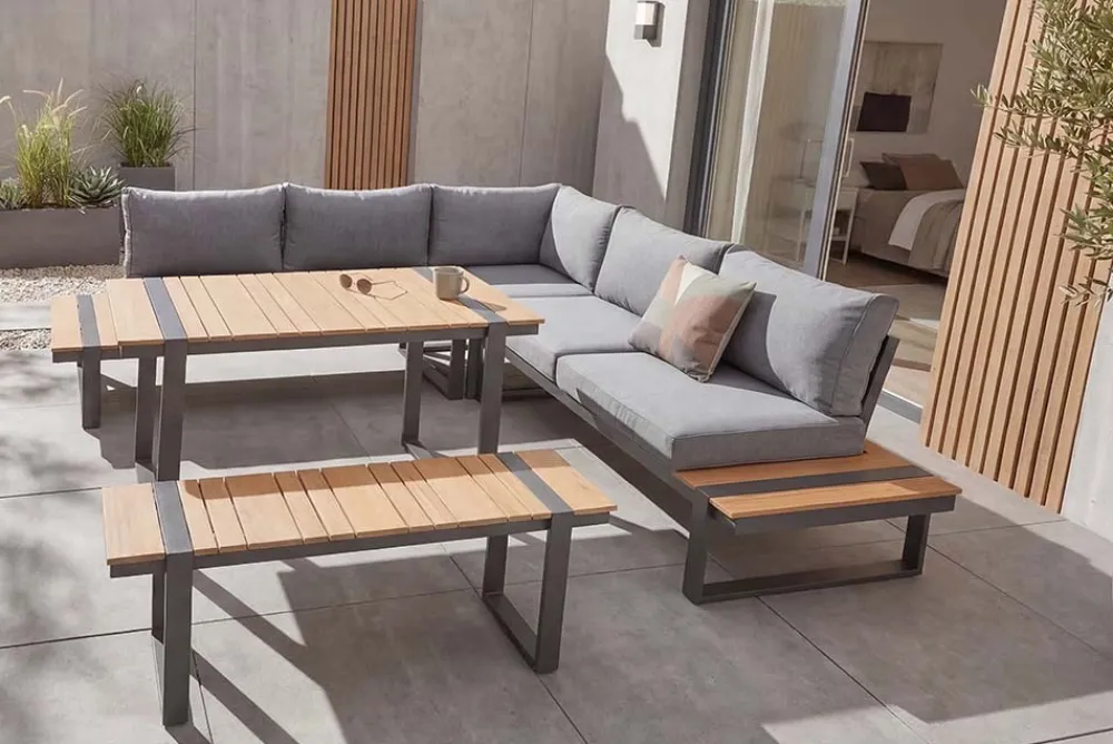Riess-Ambiente Sitzgruppen > Wetterfestes Gartenmöbel Set TAMPA LOUNGE 250cm grau Aluminium inkl. Sitzbank Tisch Kissen