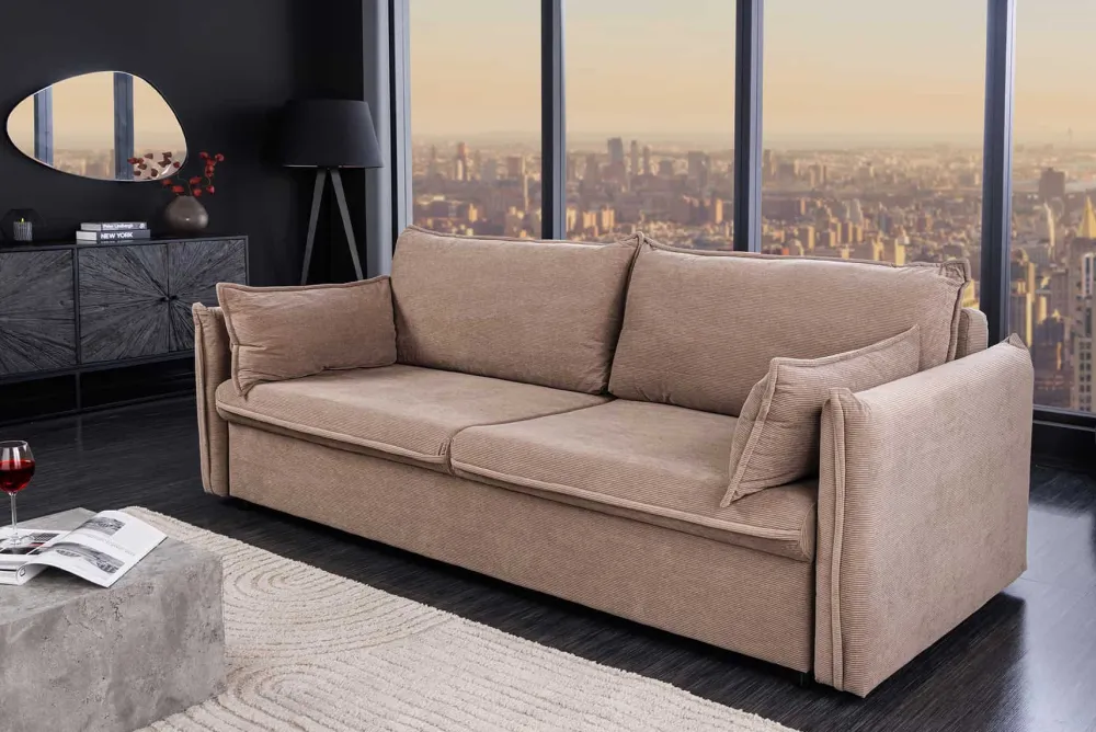 Riess-Ambiente Retro Möbel|3-Sitzer Sofa > XXL Sofa mit Schlaffunktion APARTMENT taupe Cord inkl. Bettkasten und Kissen