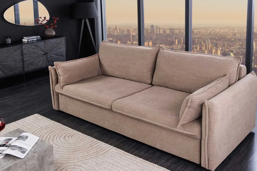 Riess-Ambiente Retro Möbel|3-Sitzer Sofa > XXL Sofa mit Schlaffunktion APARTMENT taupe Cord inkl. Bettkasten und Kissen