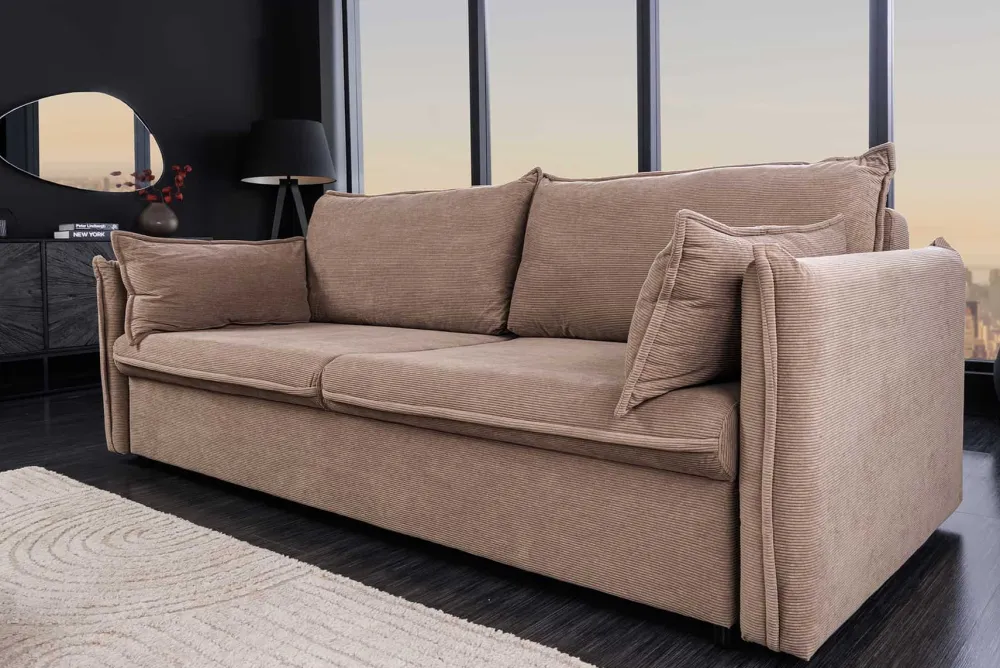 Riess-Ambiente Retro Möbel|3-Sitzer Sofa > XXL Sofa mit Schlaffunktion APARTMENT taupe Cord inkl. Bettkasten und Kissen