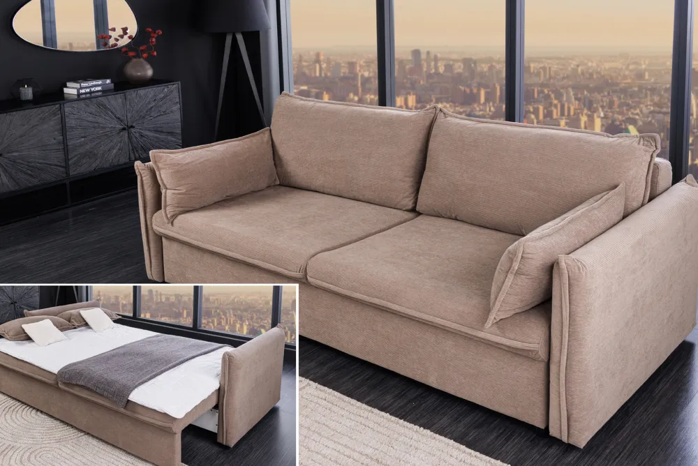 Riess-Ambiente Retro Möbel|3-Sitzer Sofa > XXL Sofa mit Schlaffunktion APARTMENT taupe Cord inkl. Bettkasten und Kissen