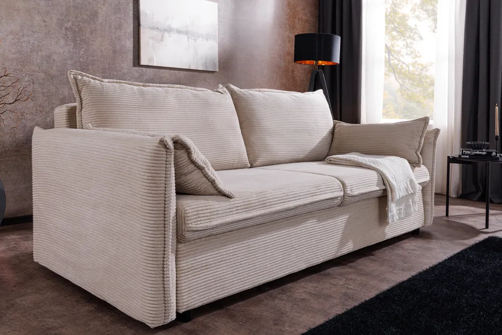 Riess-Ambiente Retro Möbel|3-Sitzer Sofa > XXL Sofa mit Schlaffunktion APARTMENT beige Cord inkl. Bettkasten und Kissen