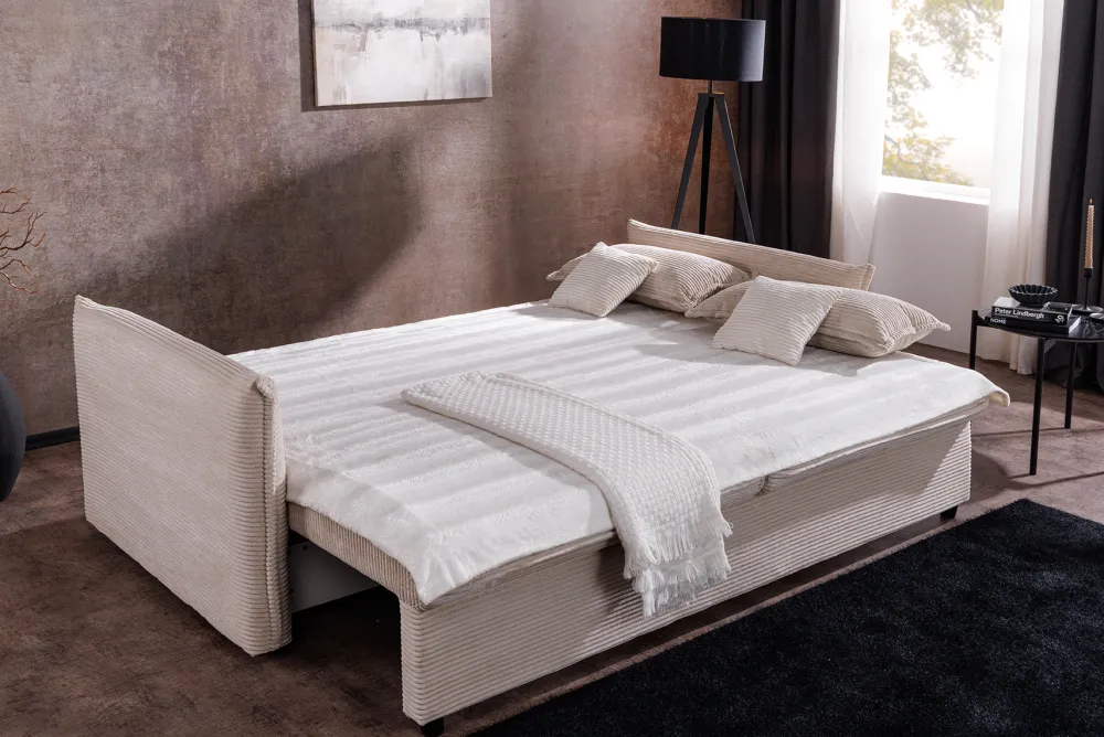 Riess-Ambiente Retro Möbel|3-Sitzer Sofa > XXL Sofa mit Schlaffunktion APARTMENT beige Cord inkl. Bettkasten und Kissen
