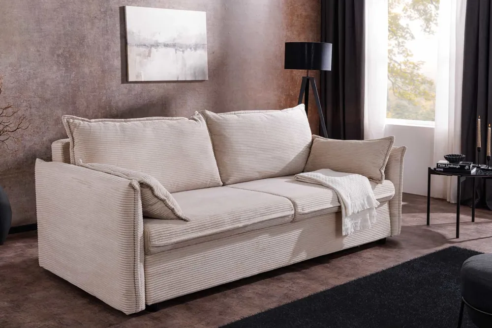 Riess-Ambiente Retro Möbel|3-Sitzer Sofa > XXL Sofa mit Schlaffunktion APARTMENT beige Cord inkl. Bettkasten und Kissen