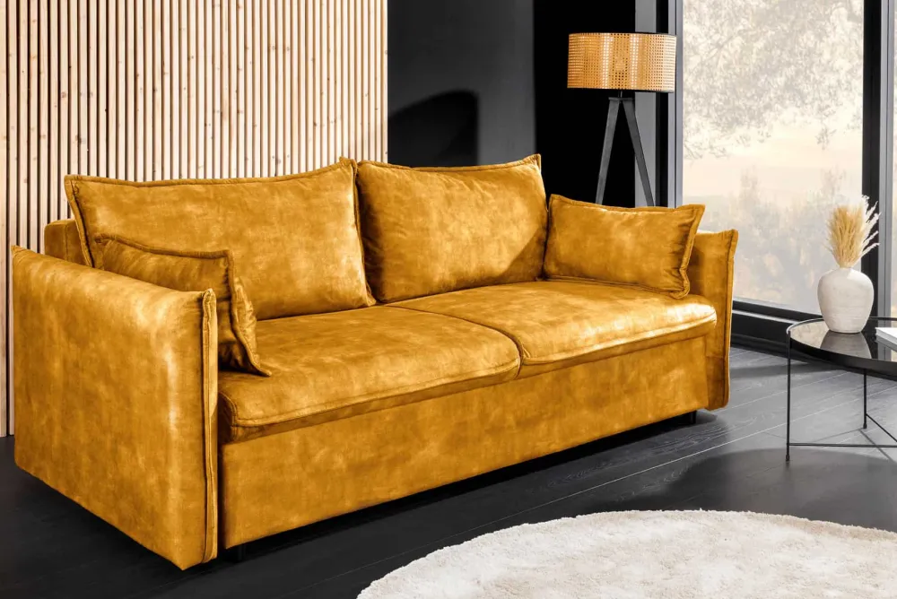 Riess-Ambiente Samt Möbel|Retro Möbel > XXL Sofa mit Schlaffunktion APARTMENT senfgelb Samt inkl. Bettkasten und Kissen