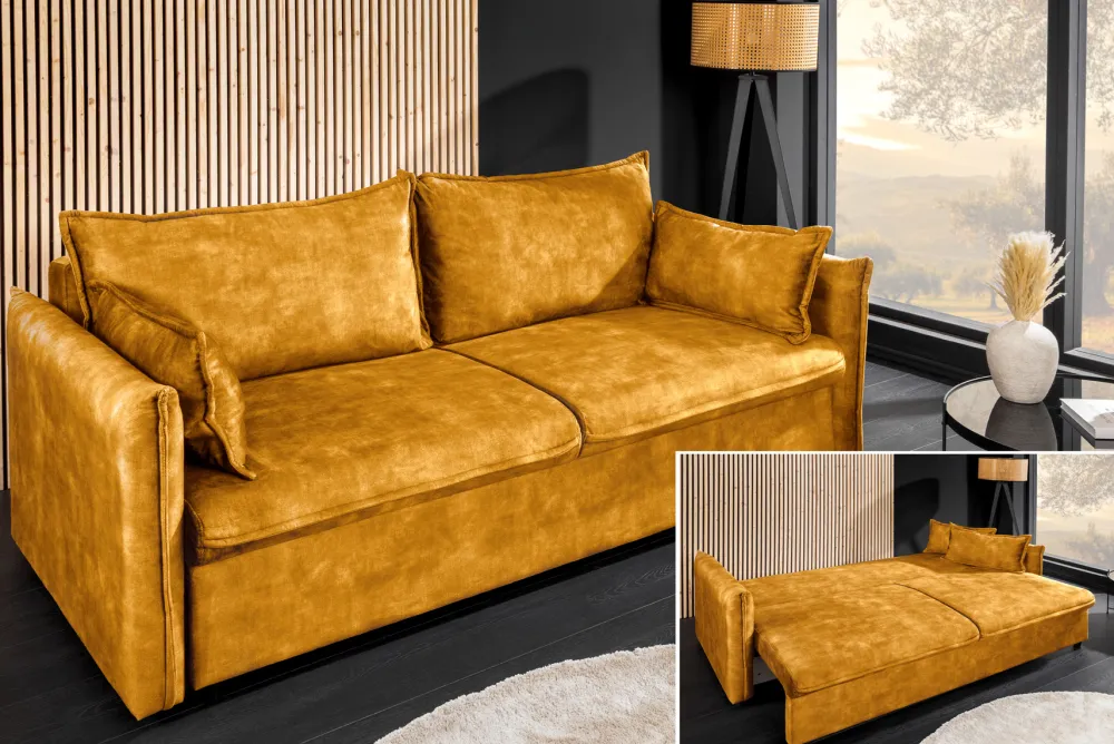 Riess-Ambiente Samt Möbel|Retro Möbel > XXL Sofa mit Schlaffunktion APARTMENT senfgelb Samt inkl. Bettkasten und Kissen