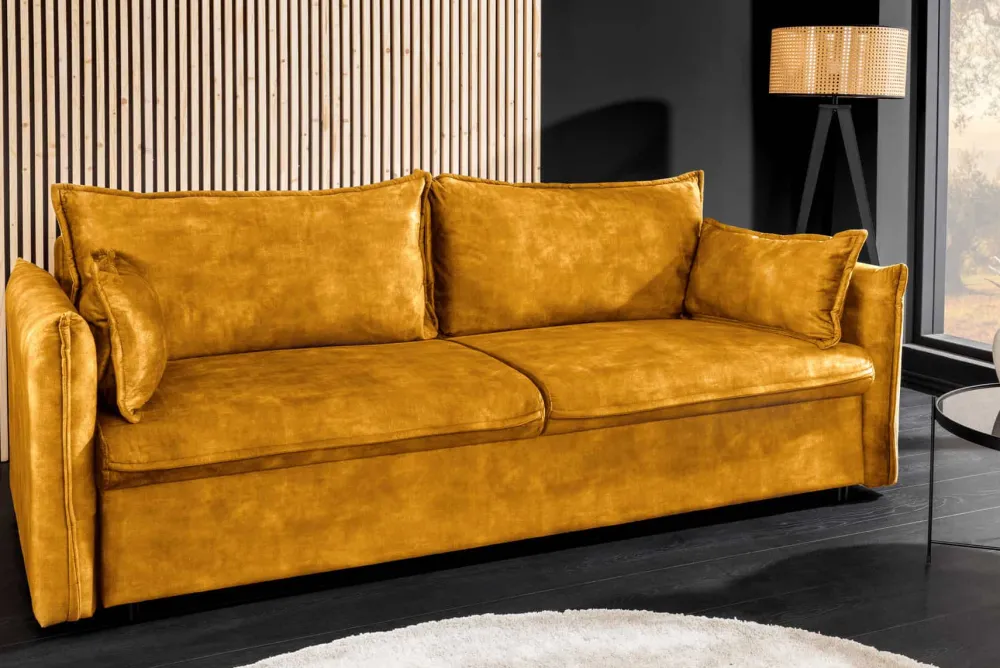 Riess-Ambiente Samt Möbel|Retro Möbel > XXL Sofa mit Schlaffunktion APARTMENT senfgelb Samt inkl. Bettkasten und Kissen