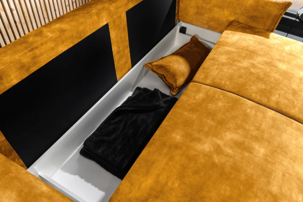 Riess-Ambiente Samt Möbel|Retro Möbel > XXL Sofa mit Schlaffunktion APARTMENT senfgelb Samt inkl. Bettkasten und Kissen