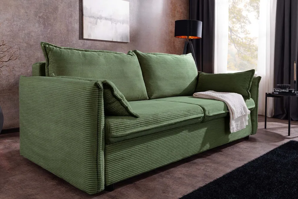 Riess-Ambiente Retro Möbel|3-Sitzer Sofa > XXL Sofa mit Schlaffunktion APARTMENT grün Cord inkl. Bettkasten und Kissen