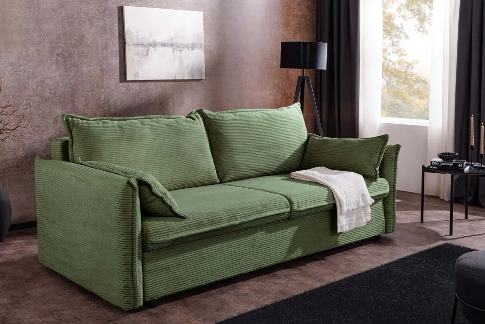 Riess-Ambiente Retro Möbel|3-Sitzer Sofa > XXL Sofa mit Schlaffunktion APARTMENT grün Cord inkl. Bettkasten und Kissen
