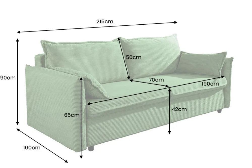 Riess-Ambiente Retro Möbel|3-Sitzer Sofa > XXL Sofa mit Schlaffunktion APARTMENT grün Cord inkl. Bettkasten und Kissen